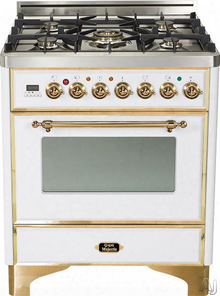 Ilve Majestic Collection Um76dmpb 30 Inch Freestanding Dual Fuel Range With 5 Semi-sealed Burners, 3.0 Cu. Ft. Oven Capacity, Proof Mode, Heat Insulated Door, Defrost Function, Warming Drawer And Rotisserie: True White, Brass Trim