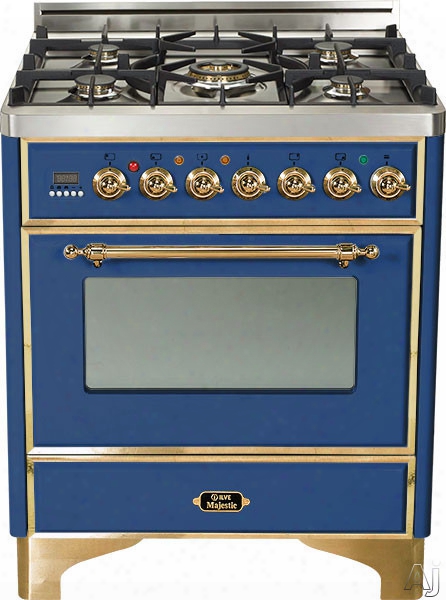 Ilve Majestic Collection Um76dmpbl 30 Inch Freestanding Dual Fuel Range With 5 Semi-sealed Burners, 3.0 Cu. Ft. Oven Capacity, Proof Mode, Heat Insulated Door, Defrost Function, Warmin Gdrawer And Rotisserie: Midnight Blue, Brass Trim