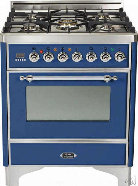 Ilve Majestic Collection Um76dmpblx 30 Inch Freestanding Dual Fuel Range With 5 Semi-sealed Burners, 3.0 Cu. Ft. Oven Capacity, Proof Mode, Heat Insulated Door, Defrost Functionn, Warming Drawer And Rotisserie: Midnight Blue, Chrome Trim