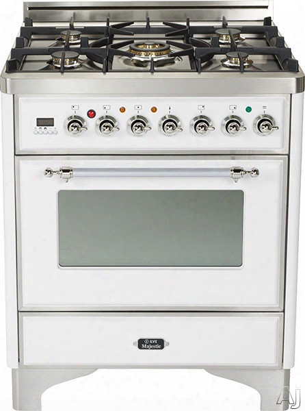 Ilve Majestic Collection Um76dmpbx 30 Inch Freestanding Dual Fuel Range With 5 Semi-sealed Burners, 3.0 Cu. Ft. Oven Capacity, Proof Mode, Heat Insulated Door, Defrost Function, Warming Drawer And Rotisserie: True White, Chrome Trim