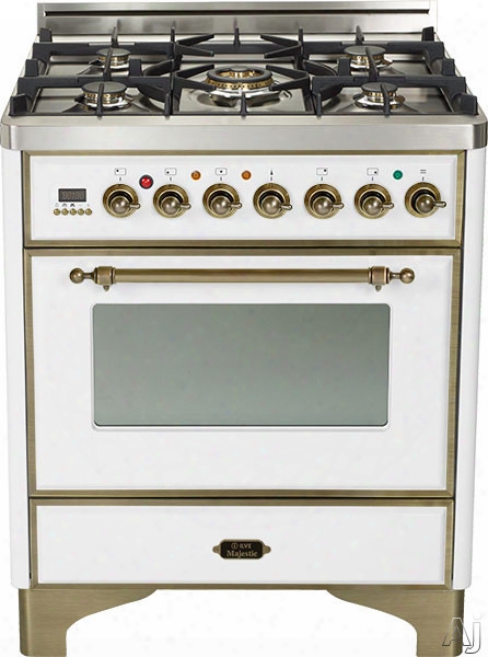 Ilve Majestic Collection Um76dmpby 30 Inch Freestanding Dual Fuel Range With 5 Semi-sealed Burners, 3.0 Cu. Ft. Oven Capacity, Proof Mode, Heat Insulated Door, Defrost Function, Warming Drawer And Rotisserie: True White, Oil Rubbed Bronze