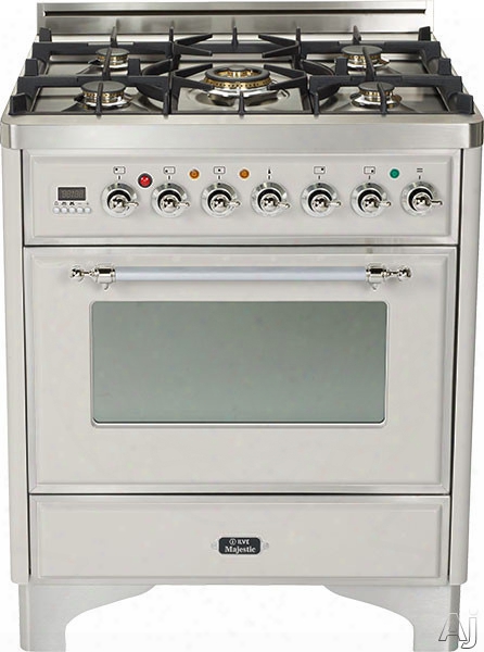 Ilve Majestic Collection Um76dmpix 30 Inch Freestanding Dual Fuel Range With 5 Semi-sealed Burners, 3.0 Cu. Ft. Oven Capacity, Proof Mode, Heat Insulated Door, Defrost Function, Warming Drawer And Rotisserie: Stainless Steel, Chrome Trim