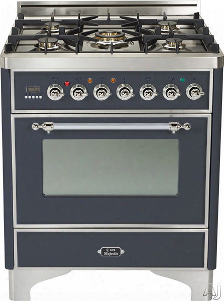 Ilve Majestic Collection Um76dmpmx 30 Inch Freestanding Dual Fuel Range With 5 Semi-sealed Burners, 3.0 Cu. Ft. Oven Capacity, Proof Mode, Heat Insulated Door, Defrost Function, Warming Drawer And Rptisserie: Matte Graphite, Chrome Trim