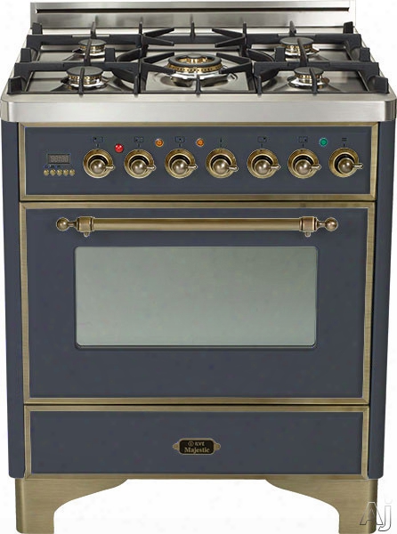 Ilve Majestic Collection Um76dmpmy 30 Inch Freestanding Dual Fuel Range With 5 Semi-sealed Burners, 3.0 Cu. Ft. Oven Capacity, Proof Mode, Heat Insulated Door, Defrost Function, Warming Drawer And Rotisserie: Matte Graphite, Oil Rubbed Bronze Trim