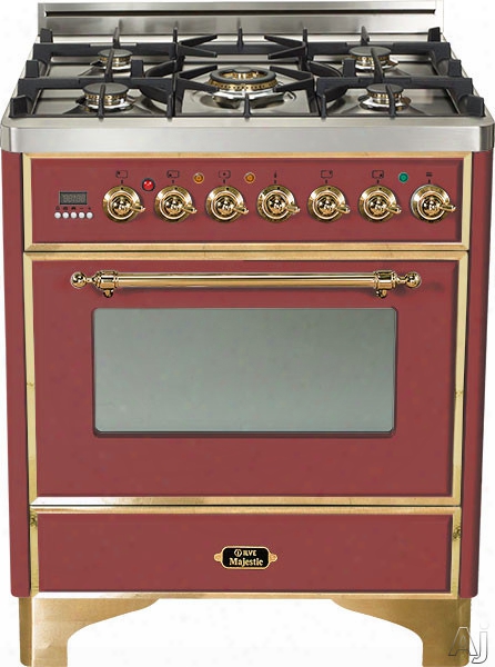 Ilve Majestic Collection Um76dmprb 30 Inch Freestanding Dual Fuel Range With 5 Semi-sealed Burners, 3.0 Cu. Ft. Oven Capacity, Proof Mode, Heat Insulated Door, Defrost Function, Warming Drawer And Rotisserie: Burgundy, Brass Trim