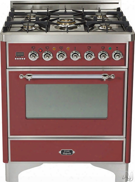 Ilve Majestic Collection Um76dmprbx 30 Inch Freestanding Dual Fuel Range With 5 Semi-sealed Burners, 3.0 Cu. Ft. Oven Capacity, Proof Mode, Heat Insulated Door, Defrost Function, Warming Drawer And Rotisserie: Burgundy, Chrome Trim