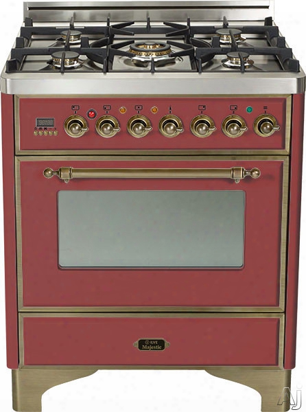 Ilve Majestic Collection Um76dmprby 30 Inch Freestanding Dual Fuel Range With 5 Semi-sealed Burners, 3.0 Cu. Ft. Oven Capacity, Proof Mode, Heat Insulated Door, Defrost Function, Warming Drawer And Rotisserie: Burgundy, Oil Rubbed Bronze