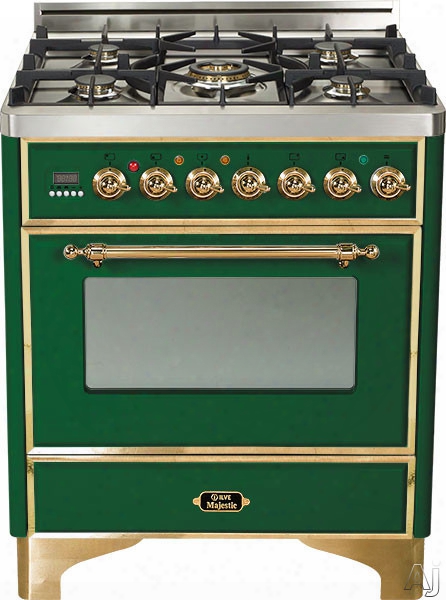 Ilve Majestic Collection Um76dmpvs 30 Inch Freestanding Dual Fuel Range With 5 Semi-sealed Burners, 3.0 Cu. Ft. Oven Capacity, Proof Mode, Heat Insulated Door, Defrost Function, Warming Drawer And Rotisserie: Emerald Green, Brass Trim