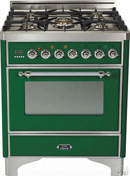 Ilve Majestic Clolection Um76dmpvsx 30 Inch Freestanding Dual Fuel Range With 5 Semi-sealed Burners, 3.0 Cu. Ft. Oven Capacity, Proof Mode, Heat Insulated Door, Defrost Function, Warming Drawer And Rotisserie: Emerald Green, Chrome Trim