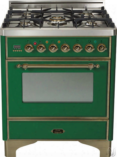 Ilve Majestic Collection Um76dmpvsy 30 Inch Freestanding Dual Fuel Range With 5 Semi-sealed Burners, 3.0 Cu. Ft. Oven Capacity, Proof Mode, Heat Insulated Door, Defrost Function, Warming Drawer And Rotisserie: Emerald Green, Rubbed Oil Bronze Trim