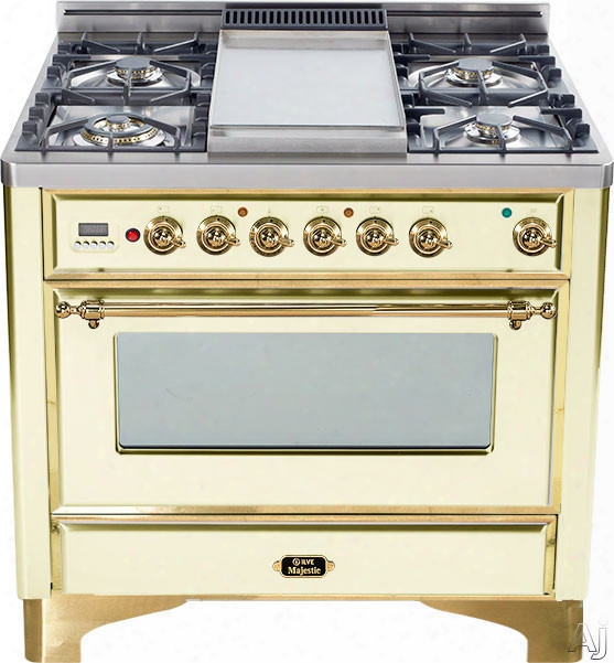 Ilve Majestic Collection Um906dmpa 36 Inch Freestanding Dual-fuel Range With 6 Sealed Burners, 3.55 Cu. Ft. Capacity, 15,500 Btu Triple-ring Burner, Convection Oven And Rotisserie, Exact Model Not Pictured: Antique White, Brass Trim