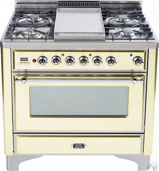 Ilve Majestic Collection Um906dmpax 36 Inch Dual-fuel Range With 6 Sealed Burners, 15500 Btu Triple-ring Burner, 3.55 Cu. Ft. Convection Oven, Rotisserie And Chrome Trim: Antique White