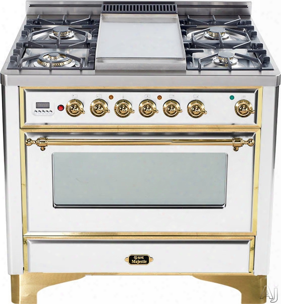 Ilve Majestic Collection Um906dmpb 36 Inch Freestanding Dual-fuel Range With 6 Sealed Burners, 3.55 Cu. Ft. Capacity, 15,500 Btu Triple-ring Burner, Convection Oven And Rotisserie,, Exact Model Not Pictured: True White, Brass Trim