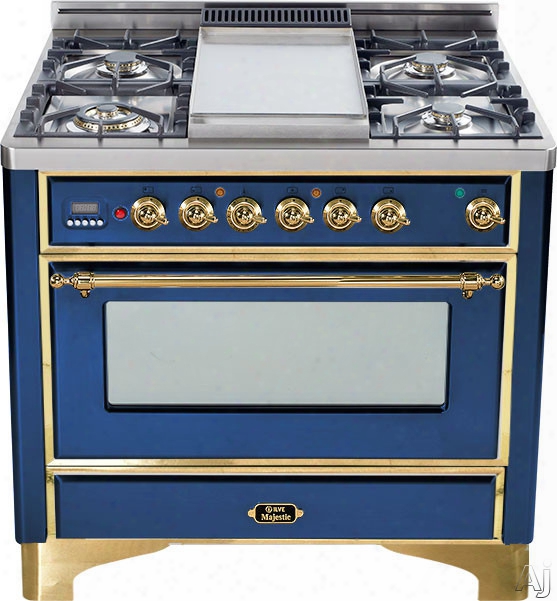 Ilve Majestic Collection Um906dmpbl 36 Inch Freestanding Dual-fuel Range With 6 Sealed Burners, 3.55 Cu. Ft. Capacity, 15,500 Btu Triple-ring Burner, Convection Oven And Rotisserie, Exact Model Not Pictured: Midnight Blue, Brass Trim