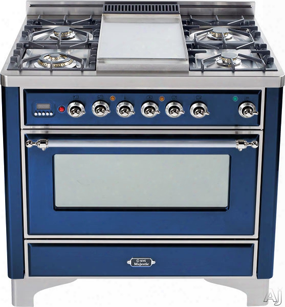 Ilve Majestic Collection Um906dmpblx 36 Inch Freestanding Dual-fuel Range With 6 Sealed Burn Ers, 3.55 Cu. Ft. Capac Ity, 15,500 Btu Triple-ring Burner, Convection Oven And Rotisserie, Exact Model Not Pictured: Midnight Blue, Chrome Trim