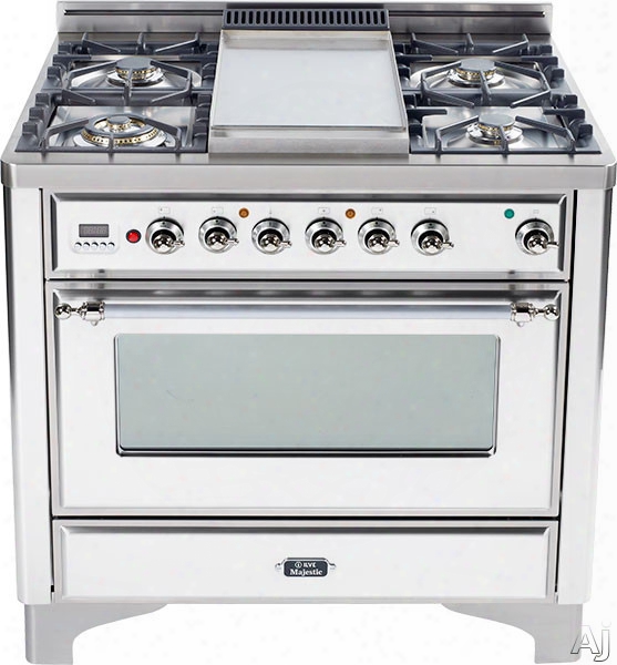 Ilve Majestic Collection Um906dmpbx 36 Inch Freestanding Dual-fuel Range With 6 Sealed Burners, 3.55 Cu. Ft. Capacity, 15,500 Btu Triple-ring Burner, Convection Oven And Rotisserie, Exact Model Not Pictured: True White, Chrome Trim