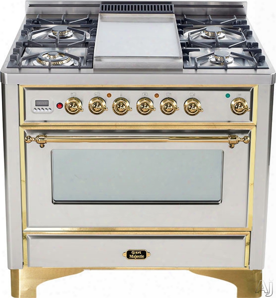 Ilve Majestic Collection Um906dmpi 36 Inch Freestanding Dual-fuel Range With 6 Sealed Burners, 3.55 Cu. Ft. Capacity, 15,500 Btu Triple-ring Burner, Convection Oven And Rotisserie, Exact Model Not Pictured: Stainless Steel, Brass Trim