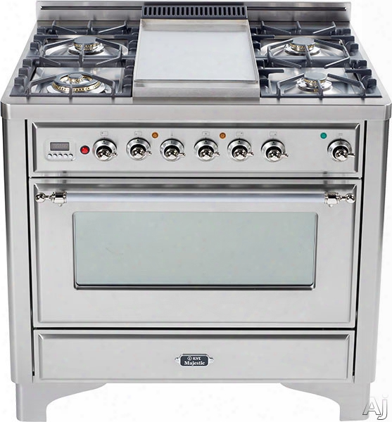 Ilve Majestic Collection Um906dmpix 36 Inch Freestanding Dual-fuel Range With 6 Sealed Burners, 3.55 Cu. Ft. Capacity, 15,500 Btu Triple-ring Burner, Convection Oven And Rotisserie, Exact Model Not Pictured: Stainless Steel, Chrome Trim