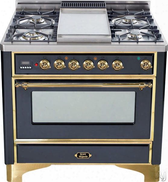 Ilve Majestic Collection Um906dmpm 36 Inch Freestanding Dual-fuel Range With 6 Sealed Burners, 3.55 Cu. Ft. Capacity, 15,500 Btu Triple-ring Burner, Convection Oven And Rotisserie, Exact Model Not Pictured: Matte Graphite, Brass Trim