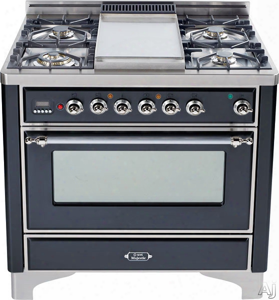 Ilve Majestic Collection Um906dmpmx 36 Inch Freestanding Dual-fuel Range With 6 Sealed Burners, 3.55 Cu. Ft. Capacity, 15,500 Btu Triple-ring Burner, Convection Oven And Rotisserie, Exact Model Not Pictured: Matte Graphite, Chrome Trim