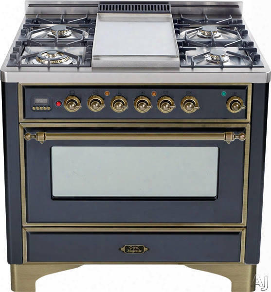 Ilve Majestic Collection Um906dmpmy 36 Inch Freestanding Dual-fuel Range With 6 Sealed Burners, 3.55 Cu. Ft. Capacity, 15,500 Btu Triple-ring Burner, Convection Oven And Rotisserie, Exact Model Not Pictured: Matte Graphite, Oil Rubbed Bronze Trim