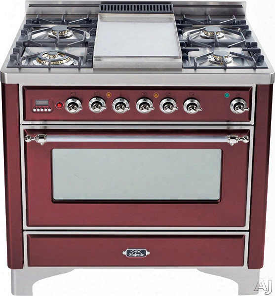 Ilve Majestic Collection Um906dmprbx 36 Inch Freestanding Dual-fuel Range With 6 Sealed Burners, 3.55 Cu. Ft. Capacity, 15,500 Btu Triple-ring Burner, Convection Oven And Rotisserie, Exact Model Not Pictured: Burgundy, Chrome Trim