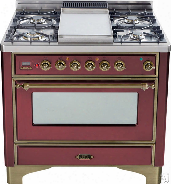 Ilve Majestic Collection Um906dmprby 36 Inch Freestanding Dual-fuel Range With 6 Sealed Burners, 3.55 Cu. Ft. Capacity, 15,500 Btu Triple-ring Burner, Convection Oven And Rotisserie, Exact Model Not Pictured: Burgundy, Oil Rubbed Bronze