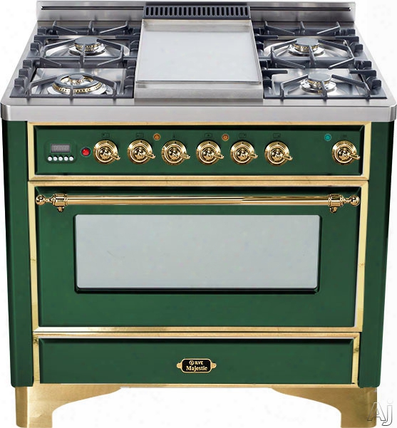 Ilve Majestic Collection Um906dmpvs 36 Inch Freestanding Dual-fuel Range With 6 Sealed Burners, 3.55 Cu. Ft. Capacity, 15,500 Btu Triple-ring Burner, Convection Oven And Rotisserie,  Exact Model Not Pictured: Emerald Green, Brass Trim