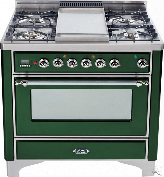 Ilve Majestic Collection Um906dmpvsx 36 Inch Freestanding Dual-fuel Range With 6 Sealed Burners, 3.55 Cu. Ft. Capacity, 15,500 Btu Triple-ring Burner, Convection Oven And Rotisserie, Exact Model Not Pictured: Emerald Green, Chrome Trim