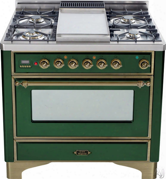 Ilve Majestic Collection Um906dmpvsy 36 Inch Freestanding Dual-fuel Range With 6 Sealed Burners, 3.55 Cu. Ft. Capacity, 15,500 Btu Triple-ring Burner, Convection Oven And Rotisserie, Exact Model Not Pictured: Emerald Green, Oil Rubbed Bronnze Trim