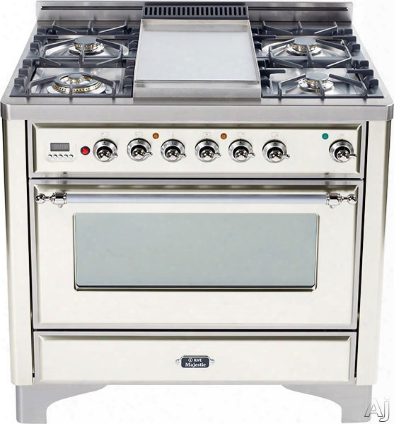 Ilve Maestic Collection Um906vggax 36 Inch Traditional-style Gas Range With 6 Sealed Burners, Convection Oven, Manual Clean, Infrared Broiler, Rotisserie, Warming Drawer And Chrome Trim: Antique White