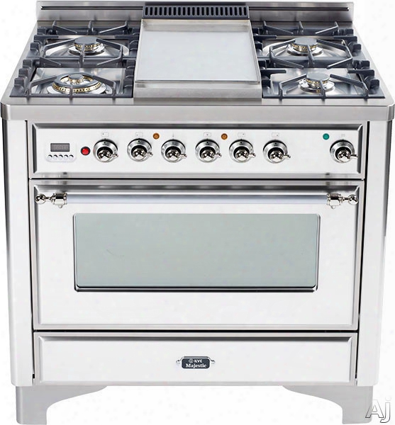 Ilve Majestic Cllection Um906vggbx 36 Inch Traditional-style Gas Range With 6 Sealed Burners, Convection Oven, Manual Clean, Infrared Broiler, Rotisserie, Warming Drawer And Chrome Trim: True White