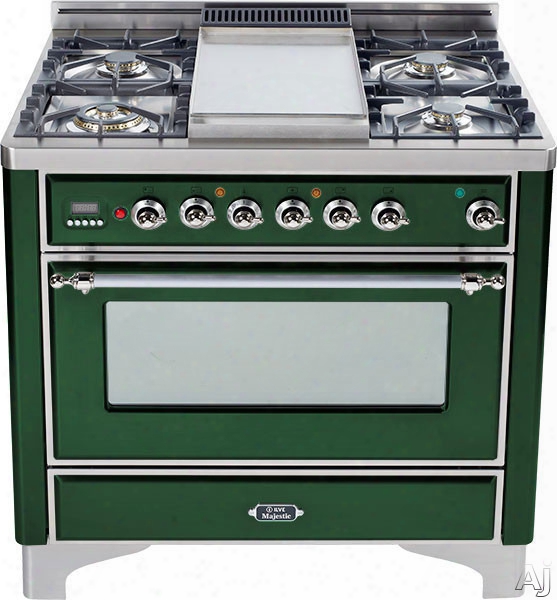 Ilve Majestic Collection Um906vggvsx 36 Inch Traditional-style Gas Range With 6 Sealed Burners, Convection Oven, Manual Clean, Infrared Broiler, Rotisserie, Warming Drawer And Chrome Trim: Emerald Green