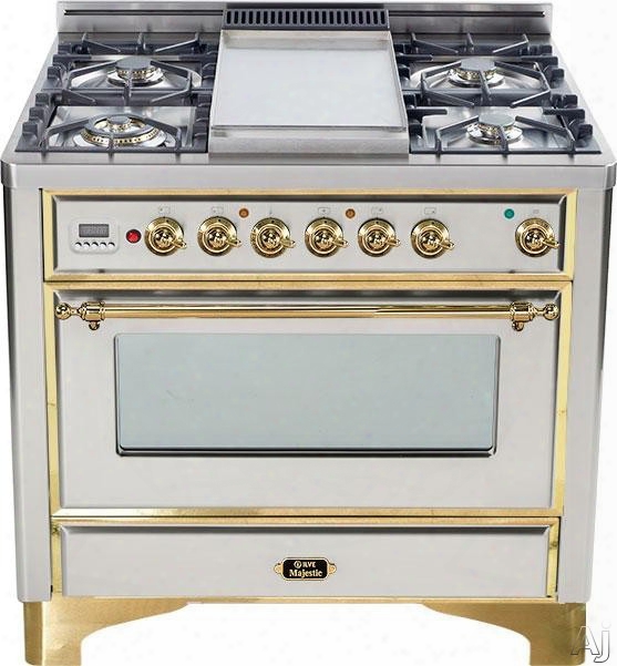 Ilve Majestic Collection Um90fdmp 36 Inch Freestanding Dual-fuel Range With 4 Sealed Burners, 3.5 Cu. Ft. Capacity, Integrated Griddle, 15,500 Btu Triple-ring Burner, Convection And Rotisserie