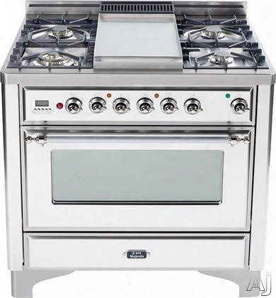 Ilve Majestic Collection Um90fdmpbx 36 Inch Freestanding Dual-fuel Range With 4 Sealed Burners, 3.5 Cu. Ft. Capacity, Integrated Griddle, 15,500 Btu Triple-ring Burner, Convection And Rotisserie: True White, Chrome Trim