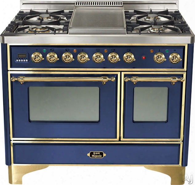 Ilve Majestic Collection Umd1006dmpbl 40 Inch Freestanding Dual-fuel Range With 6 Sealed Burners, 3.8 Cu. Ft. Capacity, Dual Ovens, True European Convection, 15500 Btu Triple-ring Burner And Rotisserie, Exact Model Not Pictured: Midnight Blue, Brass Trim