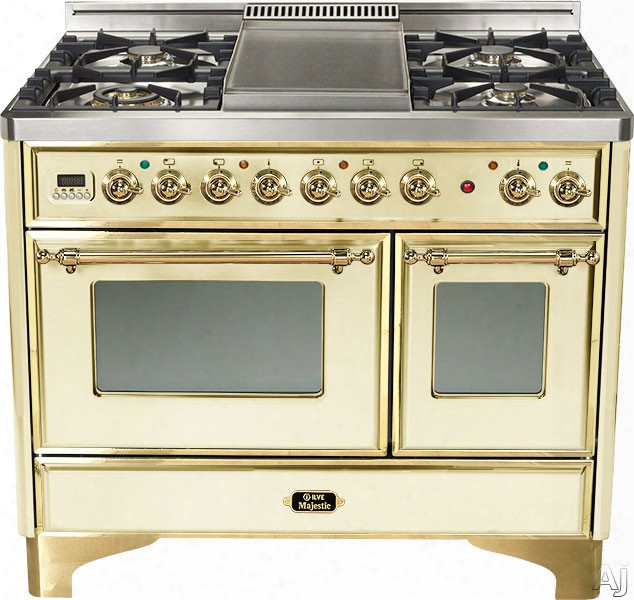 Ilve Majestic Collection Umd100sdmpa 40 Inch Freestanding Dual-fuel Range With 4 Sealed Burners, 3.8 Cu. Ft. Capacity, French Cooktop, Dual Convection Ovens, 15,500 Btu Triple-rin Gburner And Rotisserie: Antique White, Brass Trim