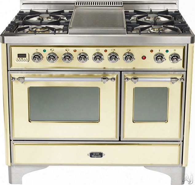 Ilve Majestic Collection Umd100sdmpax 40 Inch Freestanding Dual-fuel Range With 4 Sealed Burners, 3.8 Cu. Ft. Capacity, French Cooktop, Dual Convection Ovens, 15,500 Btu Triple-ring Burner And Rotisserie: Antique White,c Hrome Trim