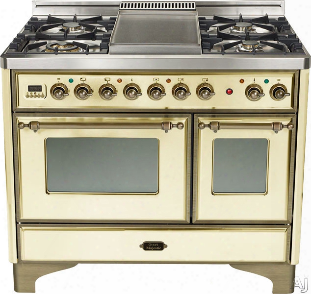 Ilve Majestic Collection Umd100sdmpay 40 Inch Freestanding Dual-fuel Range With 4 Sealed Burners, 3.8 Cu. Ft. Capacity, French Cooktop, Dual Convection Ovens, 15,500 Btu Triple-ring Burner And Rotisserie: Antique White, Oil Rubbed Bronze