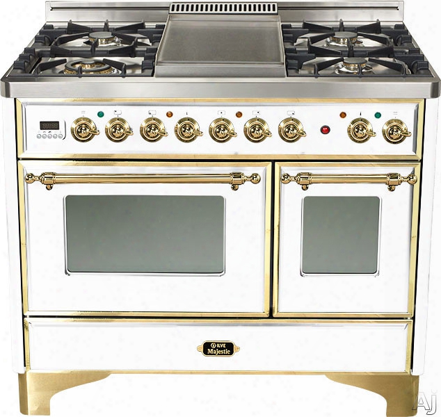 Ilve Majestic Collection Umd100sdmpb 40 Inch Freestanding Dual-ffuel Range With 4 Sealed Burners, 3.8 Cu. Ft. Capacity, French Cooktop, Dual Convection Ovens, 15,500 Btu Triple-ring Burner And Rotisserie: True White, Brass Trim