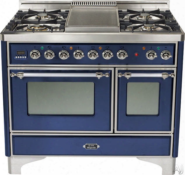 Ilve Majestic Collection Umd100sdmpblx 40 Inch Freestanding Dual-fuel Range With 4 Sealed Burners, 3.8 Cu. Ft. Capacity, French Cooktop, Dual Convection Ovens, 15,500 Btu Triple-ring Burner And Rotisserie: Midnight Blue,
