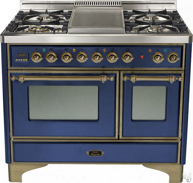 Ilve Majestic Collection Umd100sdmpbly 40 Inch Freestanding Dual-fuel Range With 4 Sealed Burners, 3.8 Cu. Ft. Capacity, French Cooktop, Dual Convection Ovens, 15,500 Btu Triple-ring Burner And Rotisserie: Midnight Blue, Oil Rubbed Bronze Trim