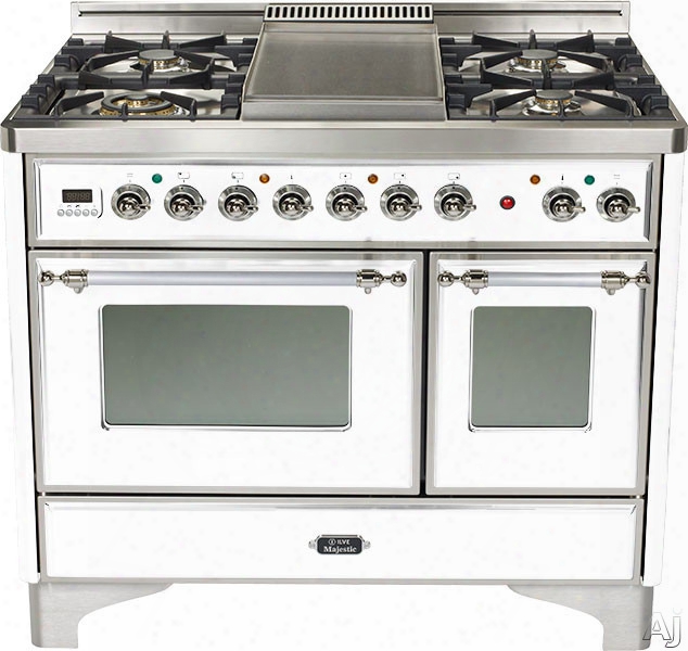 Ilve Majestic Collection Umd100sdmpbx 40 Inch Freestanding Dual-fuel Range With 4 Sealed Burners, 3.8 Cu. Ft. Capacity, French Cooktop, Dual Convection Ovens, 15,500 Btu Triple-ring Burner And Rotisserie: True White, Chrome Trim