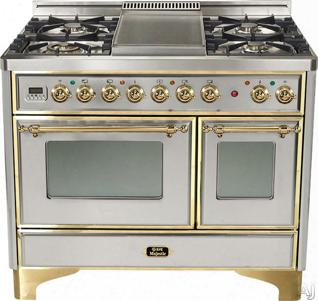 Ilve Majestic Collection Umd100sdmpi 40 Inch Freestanding Dual-fuel Range With 4 Sealed Burners, 3.8 Cu. Ft. Capacity, French Cooktop, Dual Convection Ovens, 15,500 Btu Triple-ring Burnre And Rotisserie: Stainless Steel, Brass Trim