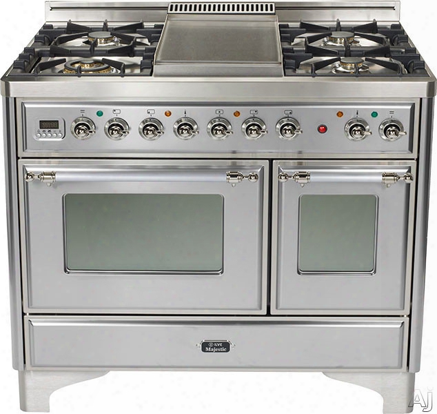 Ilve Majestic Collection Umd100sdmpix 40 Inch Freestanding Dual-fuel Range With 4 Sealed Burners, 3.8 Cu. Ft. Capacity, French Cooktop, Dual Convection Ovens, 15,500 Btu Triple-ring Burner And Rotisserie: Stainless Steel, Chrome Trim