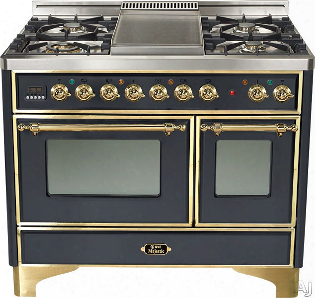 Ilve Majestic Collection Umd100sdmpm 40 Inch Freestanding Dual-fuel Range With 4 Sealed Burners, 3.8 Cu. Ft. Capacity, French Cooktop, Dual Convection Ovens, 15,500 Btu Triple-ring Burner And Rotisserie: Matte Graphite, Brass Trim