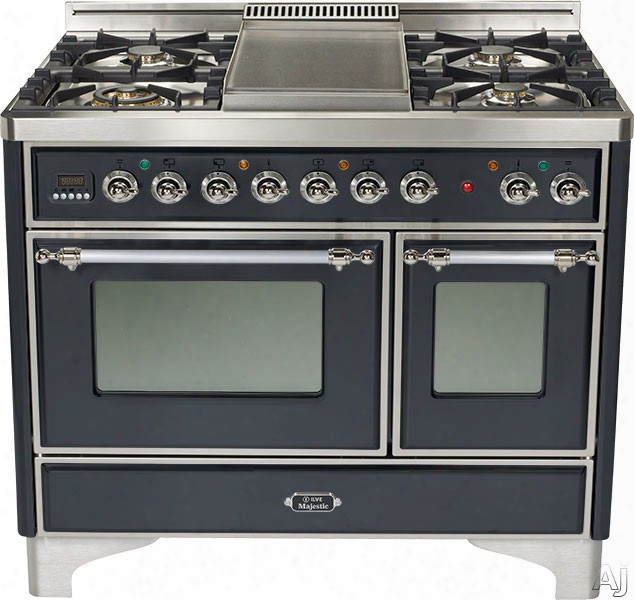 Ilve Majestic Collectioon Umd100sdmpmx 40 Inch Freestanding Dual-fuel Range With 4 Sealed Burners, 3.8 Cu. Ft. Capacity, French Cooktop, Dual Convection Ovens, 15,500 Btu Triple-ring Burner And Rotisserie: Matte Graphite, Chrome Trim