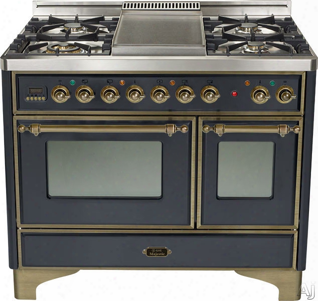 Ilve Majestic Collection Umd100sdmpmy 40 Inch Freestanding Dual-fuel Range With 4 Sealed Burners, 3.8 Cu. Ft. Capacity, French Cooktop, Dual Convection Ovens, 15,500 Btu Triple-ring Burner And Rotisserie: Matte Graphite, Oil Rubbed Bronze Trim