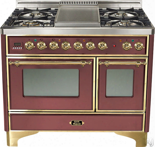 Ilve Majestic Collection Umd100sdmprb 40 Inch Freestanding Dual-fuel Range With 4 Sealed Burners, 3.8  Cu. Ft. Capacity, French Cooktop, Dual Convection Ovens, 15,500 Btu Triple-ring Burner And Rotisserie: Burgundy, Brass Trim