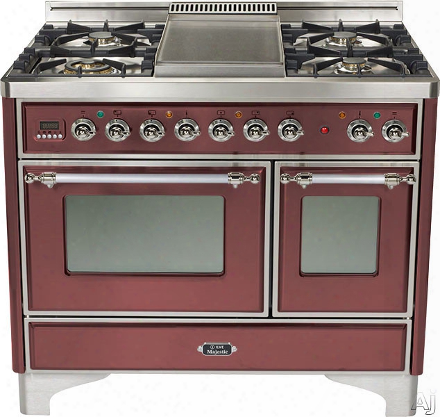 Ilve Majestic Collection Umd100sdmprbx 40 Inch Freestanding Dual-fuel Range With 4 Sealed Burners, 3.8 Cu. Ft. Capacity, French Cooktop, Dual Convection Ovens, 15,500 Btu Triple-ring Burner And Rotisserie: Burgundy, Chrome Trim